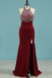 2024 Mermaid Scoop Spandex With Beads And Slit Prom Dresses Open Back