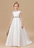 A-line Floor Length Bowknot Ivory Satin Flower Girl Dresses With Rhinestones Waist