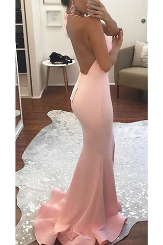 2024 New Arrival Halter Open Back Satin With Slit Mermaid Evening Dresses