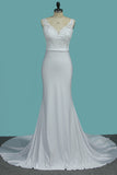 2024 V Neck Open Back Spandex Wedding Dresses With Applique Mermaid