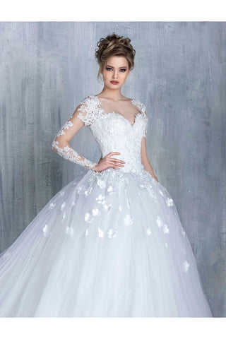 A Line Sweetheart Long Sleeves Cheap Tulle Wedding Dresses With Appliques