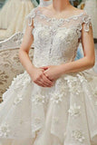 Ivory Ball Gown Chapel Train Capped Sleeve Appliques Beading Wedding Dresses