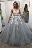 2024 Prom Dress Tulle A-Line V-Neck Sweep Train With Appliques