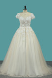 2024 Scoop Short Sleeve With Applique Tulle Court Train Wedding Dresses