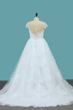 2024 A Line Lace Cap Sleeve Scoop Wedding Dresses With Beads Court Train