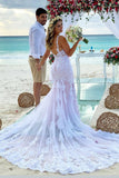 Mermaid Spaghetti Strap Wedding Dress With Chapel Train Tulle Appliques