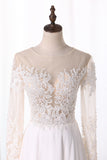 2024 Bateau Wedding Dresses Long Sleeves A Line Chiffon With Applique And Slit