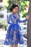 Princess/A-Line Round Knee-Length Long Maryjane Homecoming Dresses Royal Blue Sleeves Dresses Prom