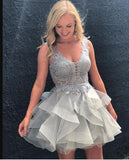 Princess/A-Line Scoop Backless Homecoming Dresses Lilianna Appliques Gray Organza Dresses Prom