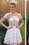 Homecoming Dresses Lace Yesenia Princess/A-Line Jewel Short Sleeves White Dresses With Illusion Back Prom