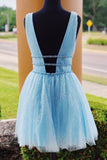 Sparkly Beading Sky Blue Short Prom Dresses Sequins Homecoming Dresses