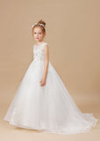 Ivory Sleeveless Applique Sweep trailing Multi-Layer Tulle Flower Girl Dresses