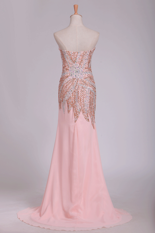 2024 New Arrival Beaded Bodice Chiffon With Slit Sheath Sweep Train Prom Dresses