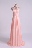 2024 High Neck Prom Dresses A-Line Chiffon With Beads And Ruffles