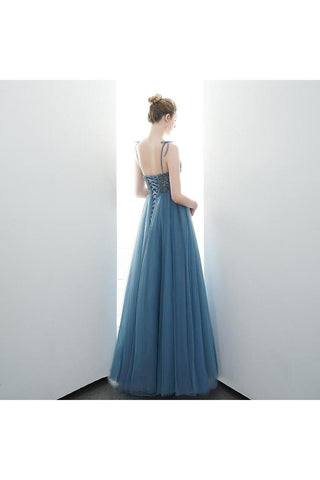 A-Line Spaghetti Straps Lace Up Back Beading Tulle Long Prom Dresses