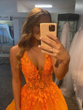 Orange V-Neck Tulle Lace A-Line Appliques Evening Dresses Long Prom Dresses