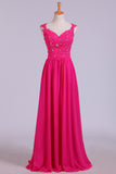 2024 V-Neck A-Line/Princess Prom Dress With Beads & Applique Tulle And Chiffon