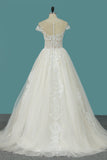 2024 A Line Tulle Wedding Dresses Scoop Cap Sleeve With Applique