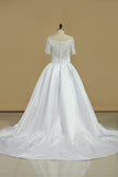 2024 New Arrival Wedding Dresses V Neck Short Sleeves Satin A Line