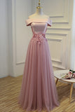 2024 Boat Neck Tulle With Applique Prom Dresses A Line Floor Length