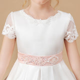 Ivory Floor-length Lace Satin Flower Girl Dresses With Pink Bowknot