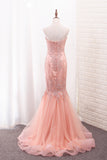 2024 Sweetheart Mermaid Tulle Prom Dresses With Applique Sweep Train