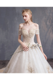 Ball Gown Tulle Wedding Dresses Off The Shoulder Appliques Beads Chapel Train