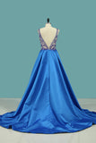 2024 V Neck Prom Dresses A Line Open Back Satin With Beading