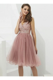 V-Neck Tulle With Beaded Short Homecoming Dresses