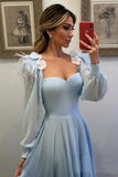 2024 Sky Blue Long Chiffon Prom Dresses With Sleeves Modest Formal Dress