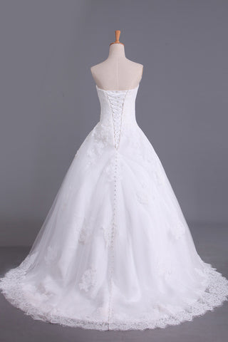 2024 Hot Wedding Dresses A Line Strapless Tulle With Applique Court Train