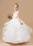 Ivory Multi-layered Tulle Ruffled Satin Flower Girl Dresses With Champagne Bow Front and Back