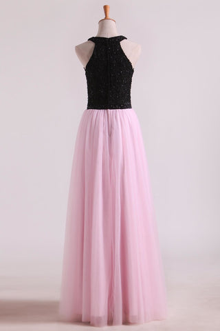 2024 Bicolor Prom Dresses A-Line Scoop Floor-Length Tulle Black Bodice Zipper Back