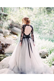 Long Sleeves Wedding Dresses Black Appliques Bridal Dresses Tulle