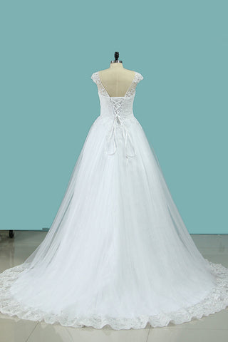 2024 Scoop A Line Wedding Dresses Tulle With Applique Cathedral Train