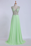 2024 V-Neck Prom Dresses A-Line/Princess With Beads Chiffon&Tulle