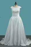 2024 Scoop Cap Sleeve Wedding Dresses A Line Satin With Ruffles And Applique Sweep Train