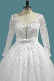 2024 A Line Long Sleeves Tulle Wedding Dresses With Applique And Sash