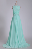 2024 Mint Prom Dresses A-Line Bateau Chiffon With Beads And Ruffles Floor-Length