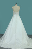 2024 A Line Satin Sweetheart Wedding Dresses With Applique And Beads