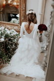 A-Line Ivory Sweep Train Tulle Long Sleeves Long Beach Wedding Dresses With Ruffles