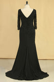 2024 Black Mother Of The Bride Dresses V Neck Chiffon With Beads 3/4 Length Sleeve