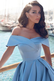 Off The Shoulder Blue Satin Long Modest Prom Dresses Evening Dresses