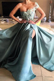 2024 Satin Prom Dresses A Line One Shoulder With Handmade Flowers And Slit