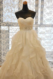 2024 Sweetheart Wedding Dress A Line Organza With Beads And Ruffles Chapel Train