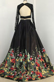 Pretty 2 Pieces Long Sleeves Open Back Black Lace Satin Prom Dresss