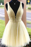 Glitter Short Yellow Sequined Homecoming Dress With Belts