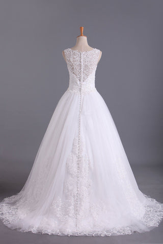 2024 Hot Bateau Wedding Dresses A Line Tulle With Applique