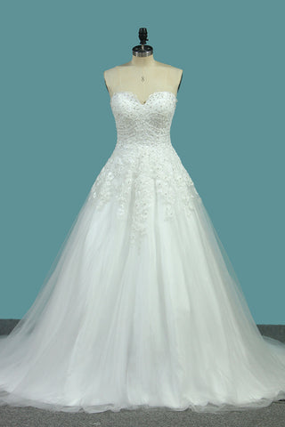 2024 Sweetheart Wedding Dresses A Line Tulle With Applique Sweep Train