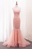 2024 Sweetheart Mermaid Tulle Prom Dresses With Applique Sweep Train